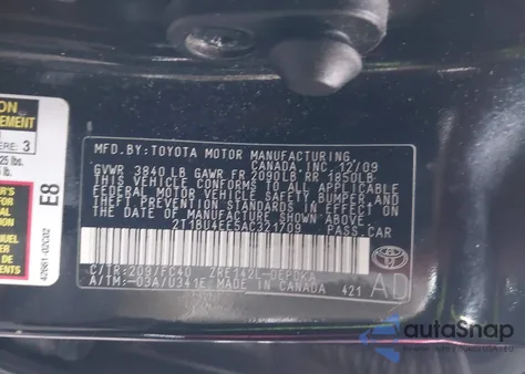 2010 Toyota Corolla Le из США, поврежденный, VIN 2T1BU4EE5AC321709